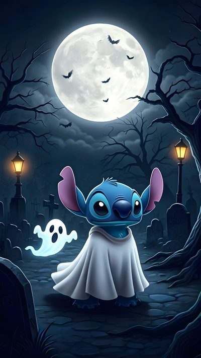 an image of a cartoon character in front of a full moon with bats and ghost Stitch Halloween Costume Stitch Halloween Iphone, Lilo And Stitch Halloween, Halloween Stitch Disney, dark slate gray