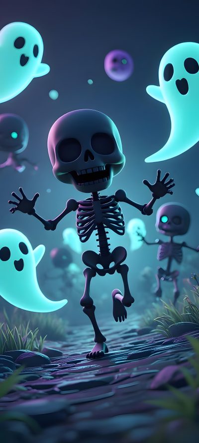 an animated skeleton dancing in the moonlight with ghost like creatures around him and on his back Halloween 4d Cool Lockscreen, Skull Iphone, Profile Picture Instagram Pink, Qhd, dark slate gray