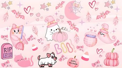 a pink wall with many different items on it and stars, hearts, flowers, and other things Cute Pink Halloween For Computer Pink Halloween Macbook, Pink Halloween Laptop, Pink Halloween Ipad, linen