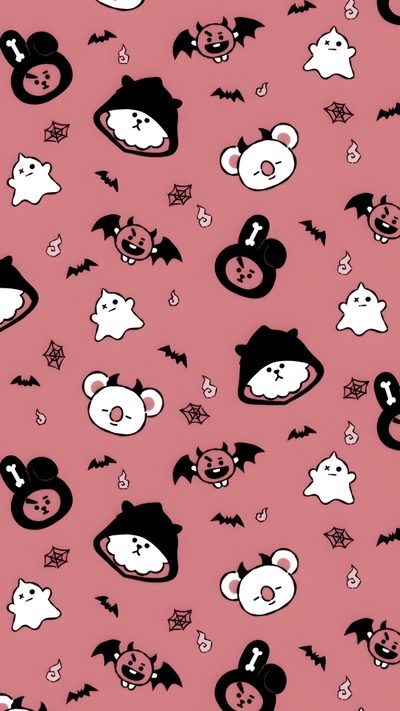 a pink background with black and white cartoon animals on it's face, bats, and stars Bt21 Halloween Cute Fall Decoration Inspiration, Cute Halloween Pattern With Ghosts And Bats, Halloween Phone Background Ideas, pale violet red