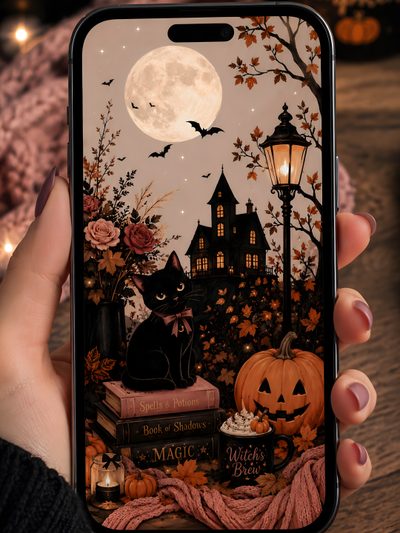a person holding up an iphone case with a black cat and pumpkins on it Modern Smartphone With Halloween Feminine, Glow Pumpkin, Digital Phone, Cats Iphone, saddle brown