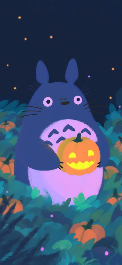 a totoro holding a pumpkin in the grass Studio Ghibli Halloween Anime Halloween, Forest, Halloween, Studio Ghibli, Halloween Pumpkins, dark slate gray
