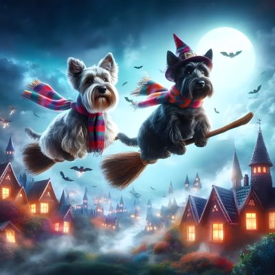 two dogs flying through the air on brooms Halloween Scottish Terrier Scottish Terrier Pictures, Scottie Dogs, Scottish Terrier Fall Decor, dim gray