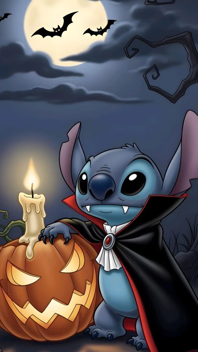 a cartoon character holding a pumpkin in front of a full moon with bats flying overhead Stitch Halloween Watercolor Splash, Halloween Poster, Stitch Drawing, Halloween Backgrounds, dark slate gray