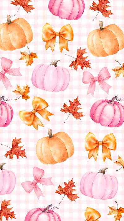 watercolor pumpkins with bows and leaves on a checkered tablecloth background photo Pink And Orange Halloween Cute Preppy Fall Bows, Fall Girly, Pastel Girly Cute Fall Backgrounds, lavender blush