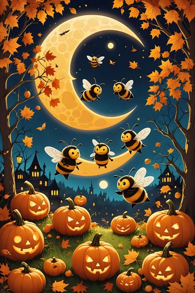 a halloween scene with pumpkins and bees Halloween Bees Accent Ideas Spooky Bee, Orange And Black Bee, Bee Desktop, dark slate gray