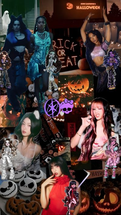 a collage of halloween pictures with women dressed in costumes and pumpkins on them Katseye Halloween Halloween Iphone Backgrounds, My Melody, Halloween Iphone, John Carpenter, dark slate gray