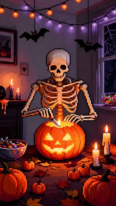 a skeleton sitting on top of a pumpkin in a room filled with candles and other decorations Halloween Pixel Art Gif Animated Spooky, Halloween Gif, Pixel Halloween Background, dark slate gray