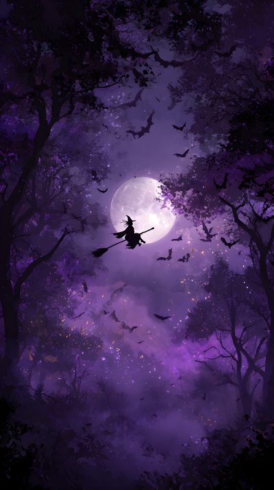 a witch flying through the night sky on her broom Halloween Cute Witch Purple Purple Halloween Background Aesthetic, Dark Purple Halloween Background, Purple Halloween Background Iphone, midnight blue