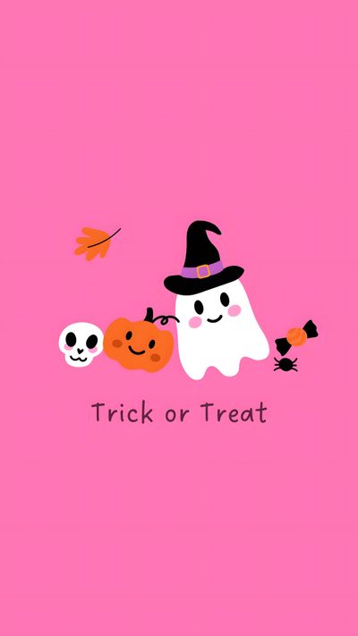 a pink background with three cartoon characters on it and the words trick or treat written in black Pink And Orange Halloween Halloween Iphone Pink, Pink Halloween Iphone, Halloween Pastel Ideas,