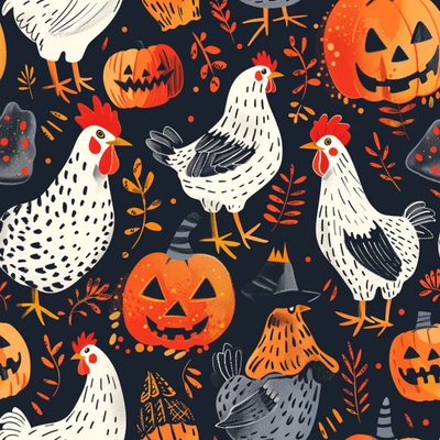 an image of chickens and pumpkins on a black background for halloween fabric or wallpaper Halloween Chicken Oregon Jerseys, Pleather Fabric, Farm Animal Fabric, dark slate gray