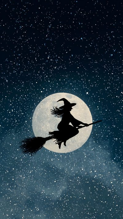 a witch flying through the night sky on her broom Witch Broomstick For Halloween Witch Broomstick, Witch Broom, Spooky Witch Background, midnight blue