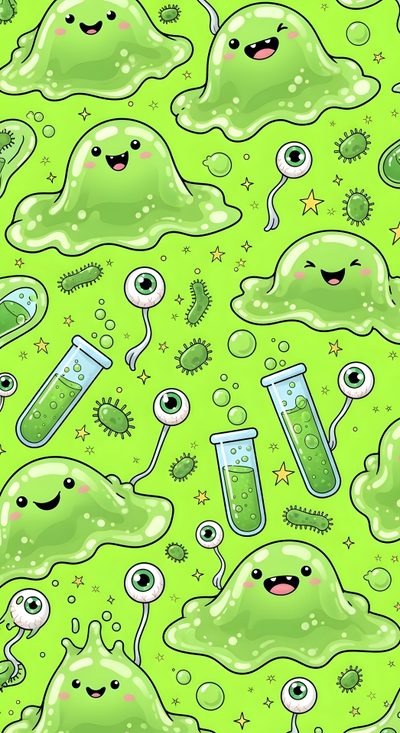 a green background with many different types of items in the shape of an octopus and other creatures Halloween Slime Cute Slime Backgrounds, Radioactive Slime, Slime Phone, Slime Wall Paper, green yellow