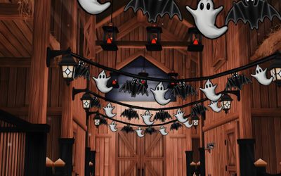 a room decorated for halloween with bats and ghost heads hanging from the ceiling in front of wooden paneled walls Star Stable Halloween 1920x1080 Halloween, Stables, maroon