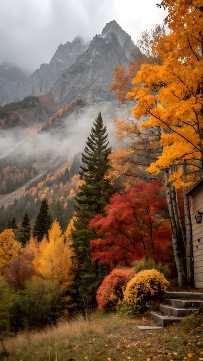 the mountains are covered in autumn foliage and trees with yellow leaves on them, as well as fog Halloween Mountain Fall Mountain Scene, Scenery Photography, Autumn Scenes, Mountains In Autumn, sienna