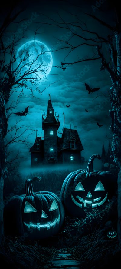 two pumpkins sitting in front of a creepy house Blue Halloween Iphone Haunted Graveyard, Dark Blue Halloween, Halloween Blue, Blue Halloween, black