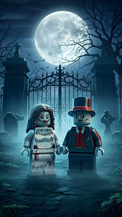 two legos are standing in front of a cemetery at night with the moon behind them Halloween Lego Zombie Wedding, Lego Zombies, Lego Halloween, Lego Universe, dark slate gray