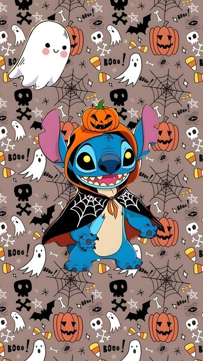 a cartoon character with pumpkins and bats on a gray background, surrounded by halloween decorations Lock Screen Stitch Halloween Stitch Halloween Background, Cute Halloween Stitch Backgrounds, Stitch Fall Iphone, gray