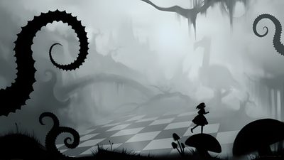 a girl is walking in front of an octopus chess board with tentacles on the ground Halloween Alice Custom Alice In Wonderland Presentation Background, Black And White Wonderland Design, Black And White Wonderland Art, light slate gray