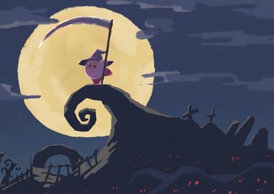 a cartoon character holding an umbrella standing on top of a hill with graveyard in the background Kirby Halloween 4k Kirby Art, Kirby Pc, Gamer Girl, Fire Emblem, Laptop Kirby, Adventure Time, dark slate gray