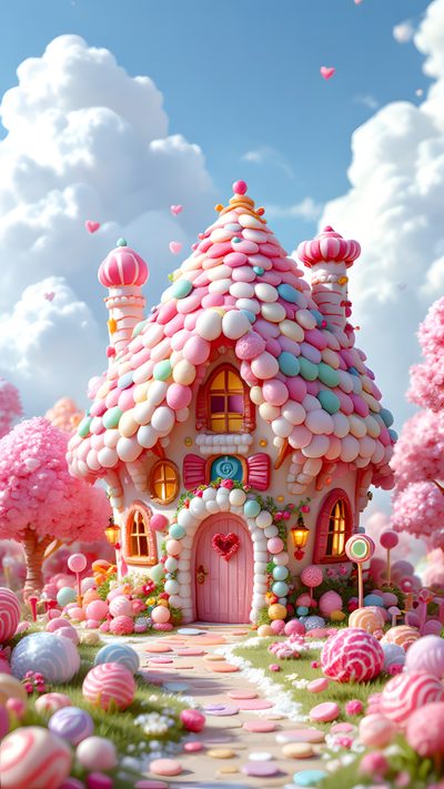 a pink house with lots of balloons in the air Halloween Candy House Candy House, Candy House Background, Candy House Drawing, Pink Candy House, silver