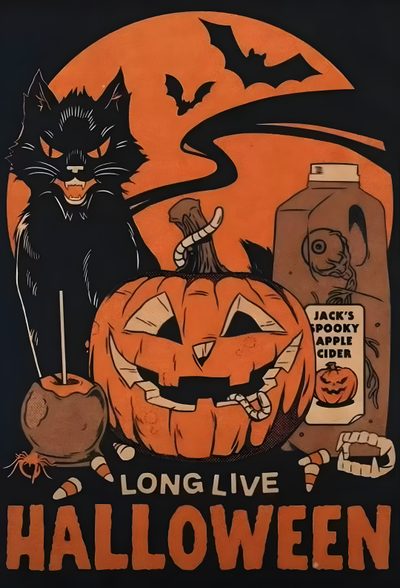 an old halloween poster with cats and pumpkins Retro Halloween Orange Pinterest Halloween Posters, Halloween Poster Pictures, Halloween Posters Ideas, dark olive green