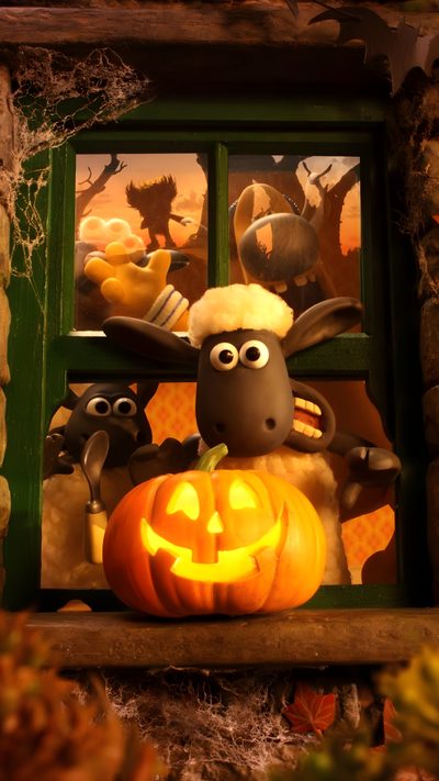 a sheep and two lambs sitting in front of a window with a carved pumpkin Halloween Sheep Orang Shaun The Sheep, Shaun The Sheep Halloween Movie, Shaun The Sheep Iphone, maroon