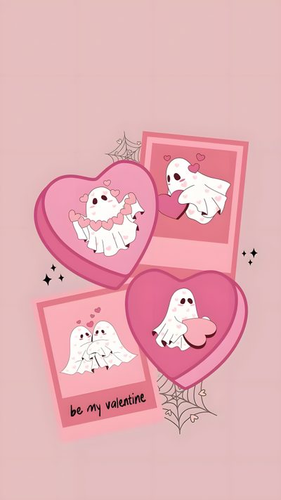 two hearts with ghost faces on them and the words be my valentine written in black Halloween Conversation Hearts Spooky Valentines Iphone, Spooky Valentines Aesthetic, Valentines Day Iphone, light pink