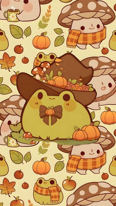 an animal with a bow tie and hat surrounded by mushrooms Cute Halloween Frog Fall Anime, Legolas Cat, Frog Halloween, Cute Fall Mushroom, Boss, peru