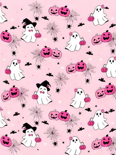 a pink background with ghost faces and spider webs Halloween Ghosts And Webs On Pink Aesthetic Design, Halloween Pink Background Aesthetic, Halloween Pink Aesthetic, misty rose