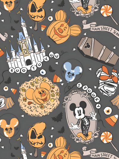 mickey mouse and pumpkins on a gray background with the castle in the distance is surrounded by other disney characters Halloween Disney Mickey Halloween, Disney Halloween, Cute Halloween Disney, dim gray
