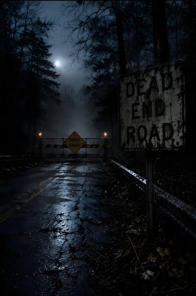 The sign isn't there because the pavement stops. It's there because that's where people stop coming back. Drivers who ignore the barricade report the same thing: the trees become thicker, the fog swallows the headlights, and the road stretches for miles longer than it should. Some eventually find their way back to town... hours later... with empty fuel tanks and no memory of where they've been. Others never return at all. The Sheriff's Department stopped replacing the barricade years ago. Whatever keeps moving it... always puts it back. Rule #27 of Auvent Falls: If the road says DEAD END... believe it. 📍Dead End Road Auvent Falls, Washington Unexplained Mysteries, Town Map, Bedtime Reading, Haunted Places, Thriller Books, Mystery Book, Reading Ideas, Fantasy Novels, Ghost Stories Halloween Road Unexplained Mysteries, Town Map, Bedtime Reading, Haunted Places, Thriller Books, black