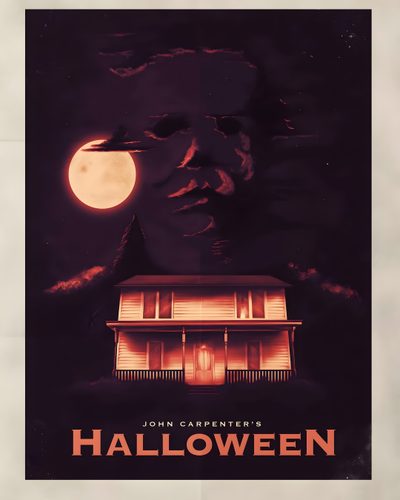 a movie poster for halloween starring john campper's house in the sky with a full moon behind it Halloween 1978 4k Halloween 1978 Poster Art, Halloween 2 Poster, Halloween 78 Poster, black