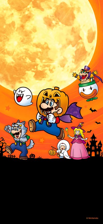 an image of some cartoon characters in front of the moon with bats and pumpkins Halloween Mario Halloween Mario Characters, Mario Ghost, Super Mario Halloween Art, chocolate