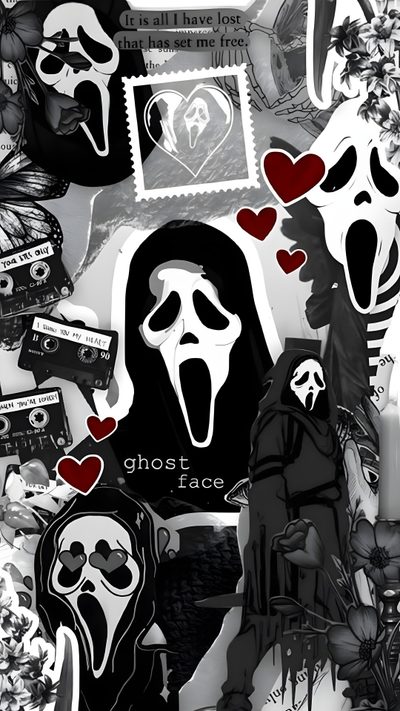 some stickers that are all over the place Cute Halloween Ghostface Ghostface Aesthetic, Ghost Face Aesthetic, Halloween Iphone Backgrounds, dark slate gray