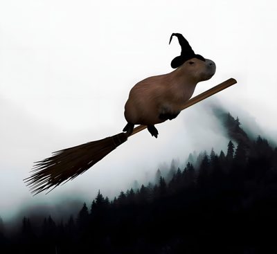 an animal on a broom flying through the air with trees in the backgroud Capybara Halloween Ghost Capybara, Capybara Halloween Drawing, Cute Halloween Capybara, light gray