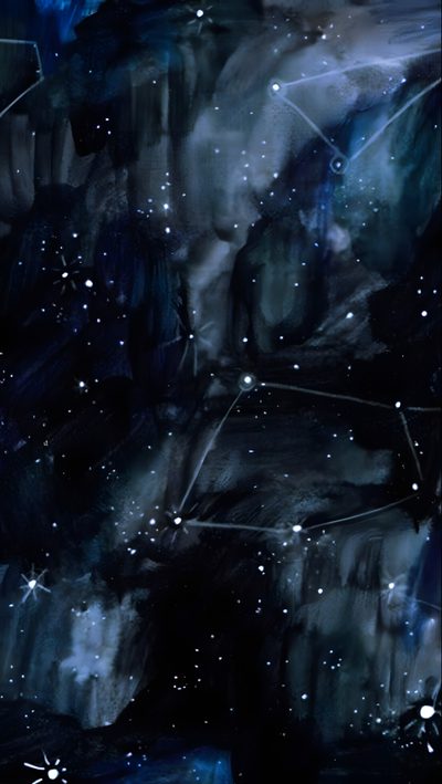 an abstract painting with stars and lines in the night sky above some rocky terrains Hand Drawn Halloween Constellation Navy Abstract Artwork, Blue Tarot Aesthetic, Dark Blue Space Aesthetic, black