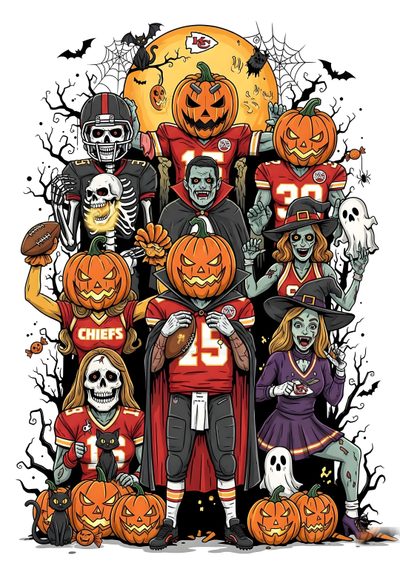 Get into the gameday spirit with this vibrant Halloween football illustration! Perfect for Chiefs fans, this spooky-cute art brings fun to your decor, party invitations, or digital collection. Celebrate both Halloween and your team with unique, vintage-style fan art. A must-have for any football lover looking for festive and spirited visuals. Go Chiefs! Spooky Decor, Halloween Borders, Halloween Floral, Free Halloween Costumes, Whimsical Halloween, Halloween Themed Football Posters, Football Art, Kc Chiefs Pumpkin, Halloween Magic Chiefs Halloween Spooky Decor, Halloween Borders, Halloween Floral, Free Halloween Costumes, dark salmon