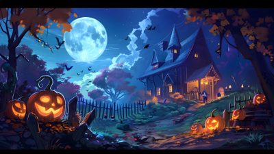 an animated halloween scene with pumpkins and bats Halloween Gift Halloween Night, Digital Wall Art, Halloween, Halloween Painting, 2880x1800, midnight blue