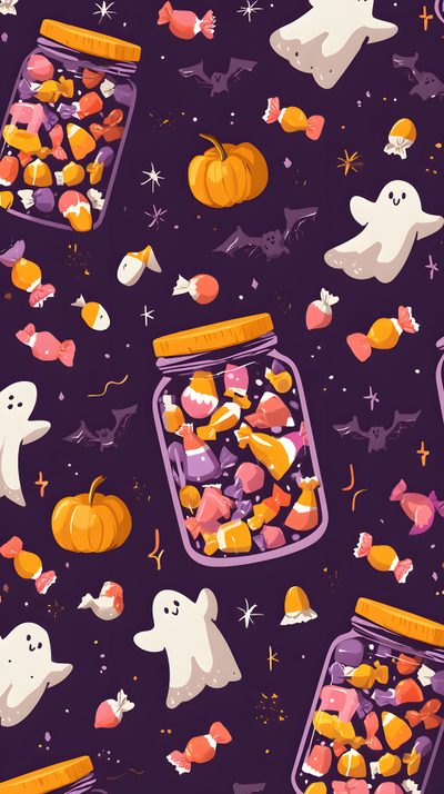 halloween candy in jars and ghost candies on a purple background with sprinkles Halloween Candy Iphone Phone Halloween, Halloween Food, Halloween, dark slate gray