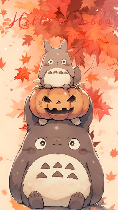 two totoros are stacked on top of each other in front of autumn leaves Totoro Halloween Cute Totoro Characters, Studio Ghibli Aesthetic Totoro, Studio Ghibli Fall, dark salmon