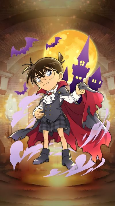 an anime character with a red cape and black hair, standing in front of a full moon Detective Conan Halloween Detective Conan Zombie, Conan Halloween, Detective Conan Halloween Bride, sienna
