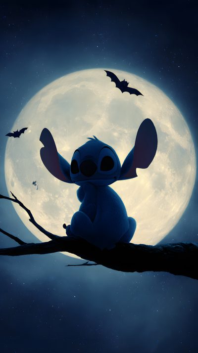 a cartoon character sitting on top of a tree branch in front of a full moon Lock Screen Stitch Halloween Stitch Moon, Stitch Halloween For Ipad, Stitch Halloween Iphone, dark slate gray