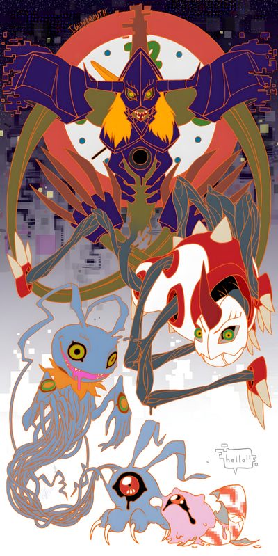 an image of two anime characters in front of a clock Digimon Halloween Diaboromon Movie, Dokunemon Evolution Line, Diaboromon Evolution, Diaboromon Art, indian red