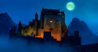 a castle in the night with a full moon behind it Bing Halloween Hotel Transylvania Building, Transylvania Castle Dracula, Hotel Transylvania House, midnight blue