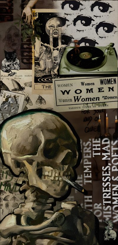 an image of a skull with a record player on it's head and other items Grunge Halloween Aesthetic Castlevania, Goth, Images Harry Potter, Witchy, Gothic, Whatsapp, dark olive green