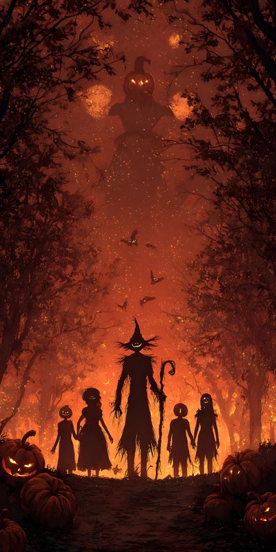 a group of people standing in the middle of a forest with pumpkins on it Halloween The Game Scary Fall Background, Background Trick R Treat, Scary Halloween Backgrounds, maroon
