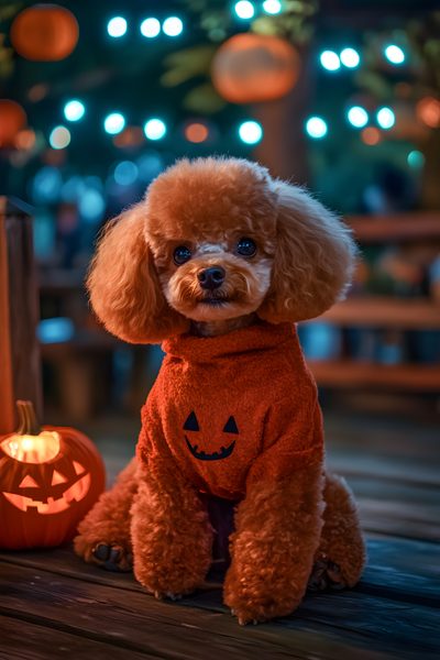 a poodle in a pumpkin costume sitting next to a jack - o'- lantern Halloween Poodle Cute Halloween Puppy, Cute Dog Halloween, Halloween Background With Dog, dark slate gray