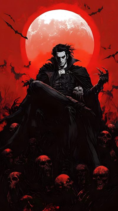 a man sitting on top of a pile of skulls in front of a full moon Halloween Vampire Star Wars Dark Jedi, Dracula Film, Art Vampire, Gothic Mask, Vampire Castle, black
