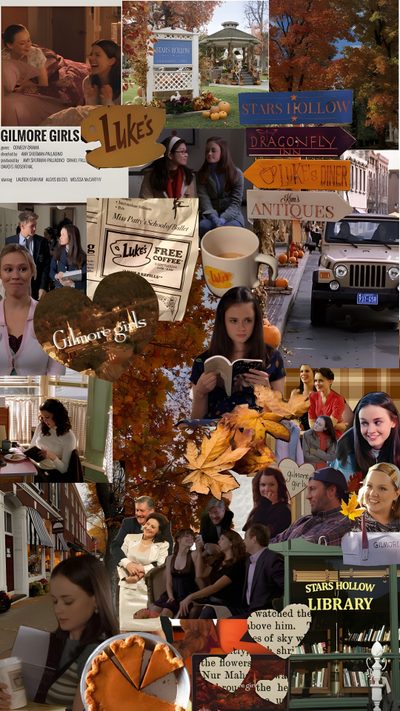 the collage shows many different people and things Gilmore Girls Halloween Lukes Diner, Stars Hollow Gilmore Girls, Gilmore Girls Luke, dark olive green